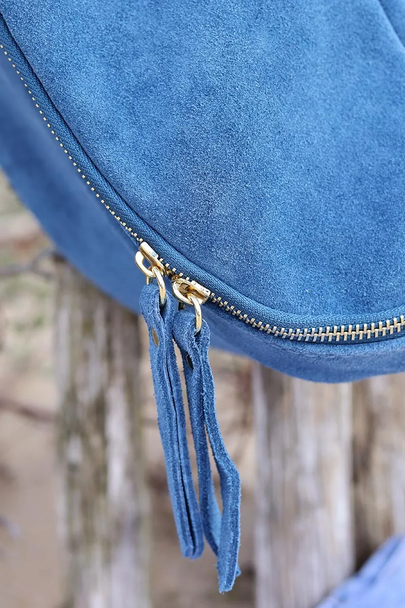 Grand sac banane en cuir velours bleu