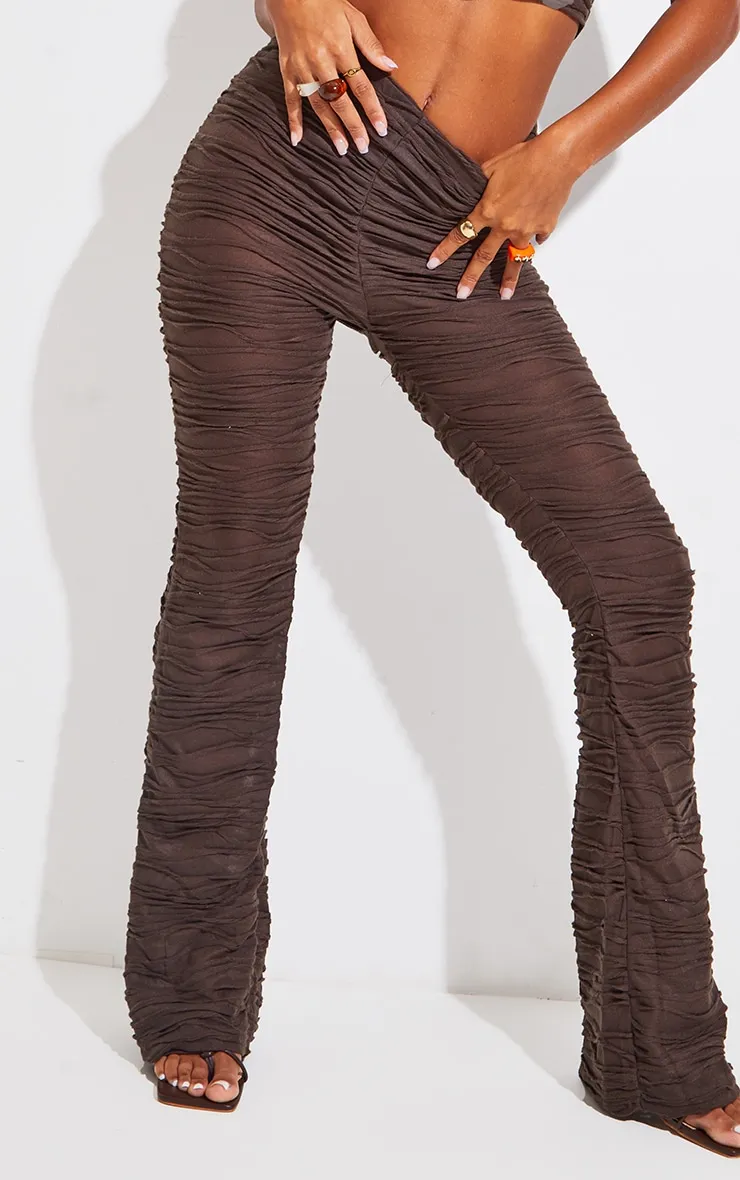 Pantalon skinny en jersey marron à jambes évasées et plis