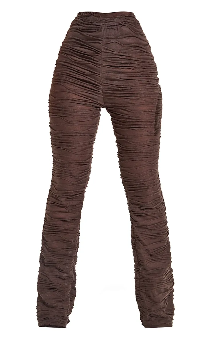 Pantalon skinny en jersey marron à jambes évasées et plis