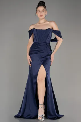 Robe de Soirée Longue Satin Bleu Marine ABU3964