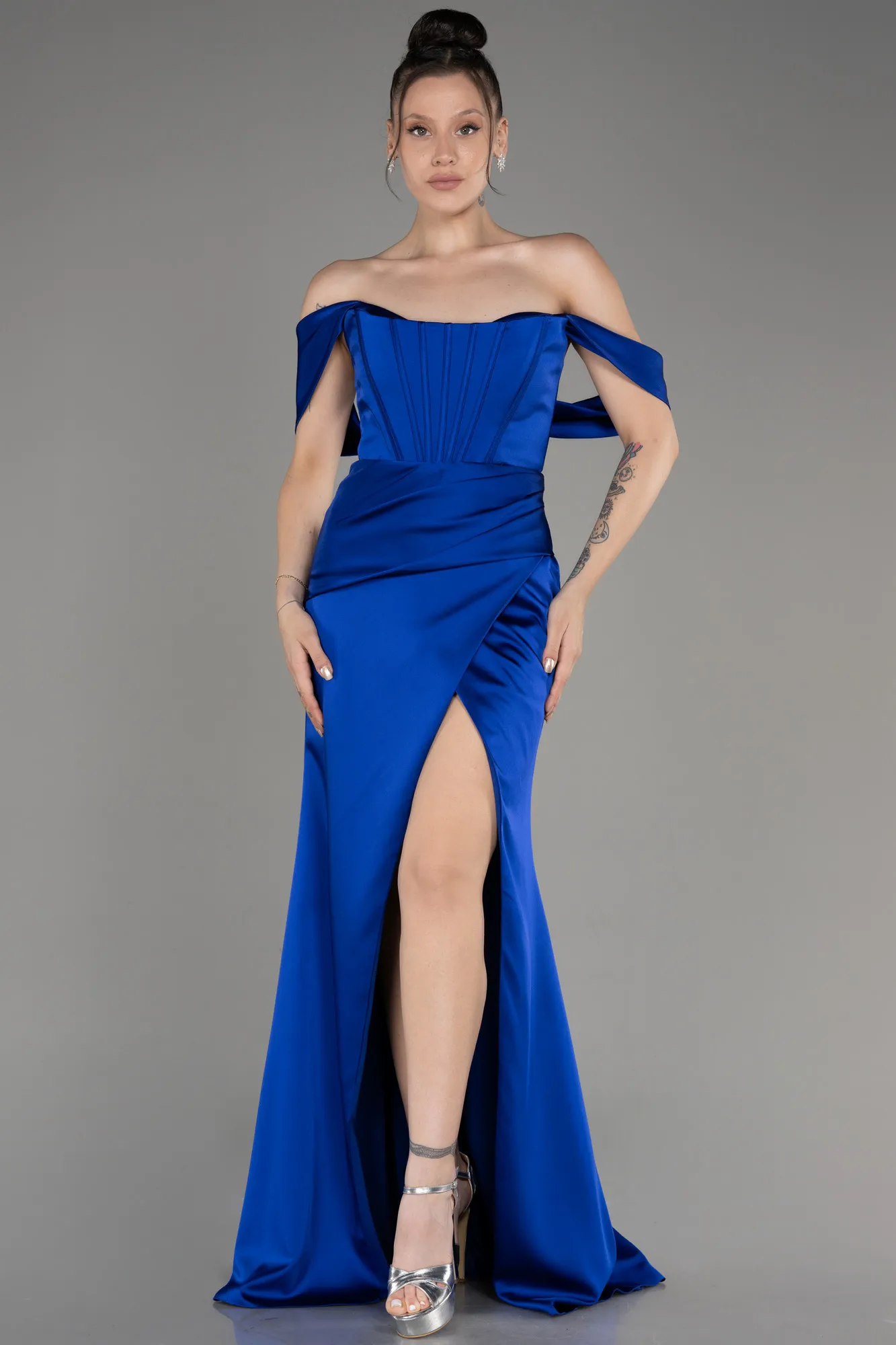 Robe de Soirée Longue Satin Bleu Marine ABU3964