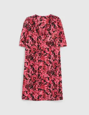 Robe en satin imprimé floral rose surpiqûres au col femme