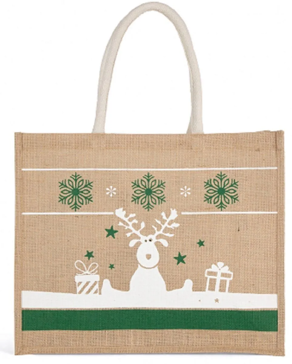 Sac en toile cabas motif Noël - KI0736 - beige et blanc 