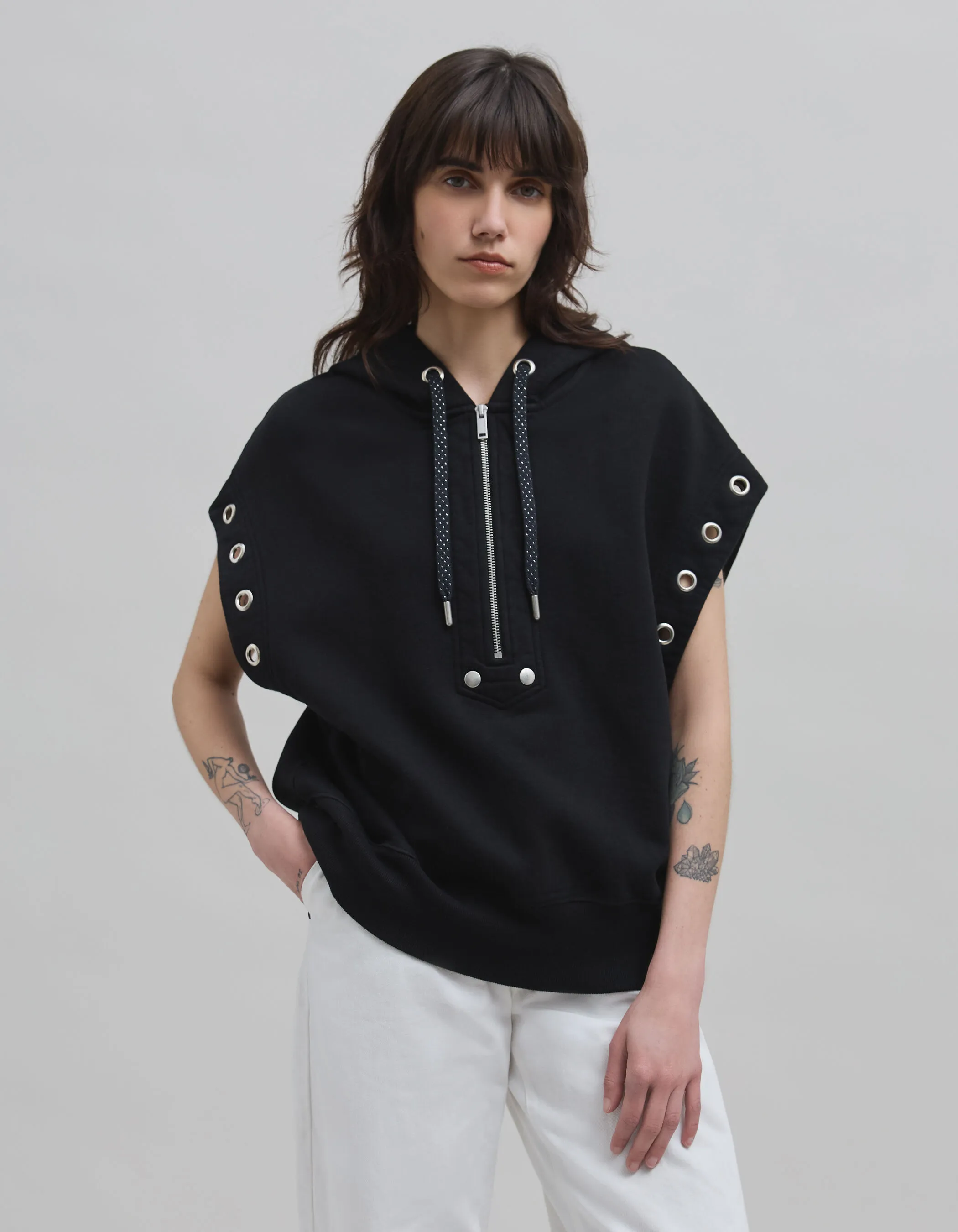 Sweat noir sans manches oversize en coton molleton Femme